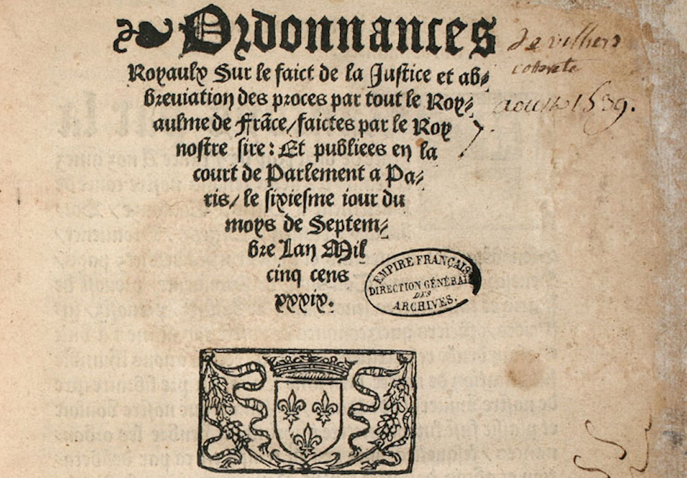 Page de titre de l'ordonnance dite de Villers-Cotterêts, Archives nationales de France, domaine public
