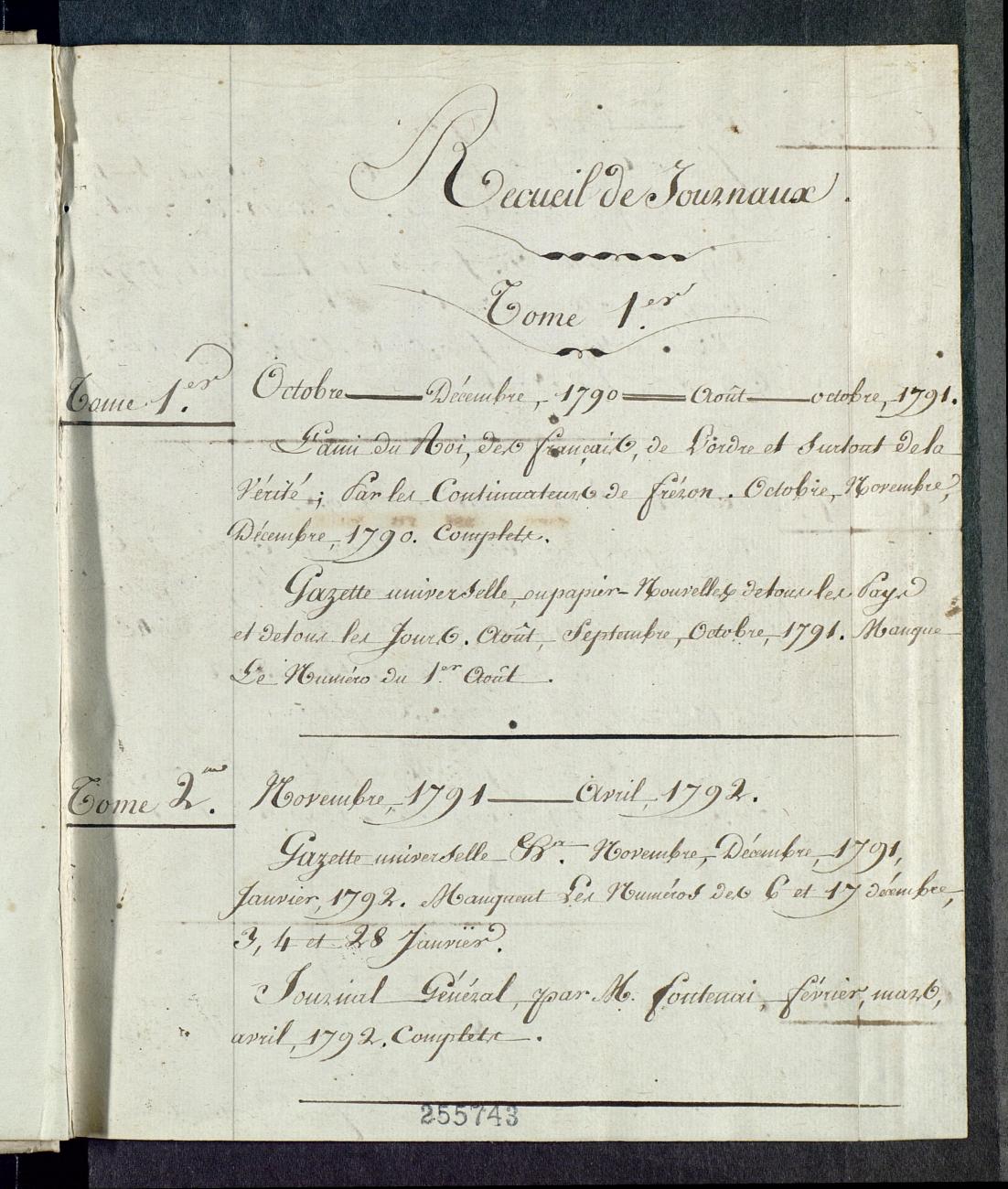 Première page de l'index du Recueil de journaux, 1790-1802 (université du Kentucky)