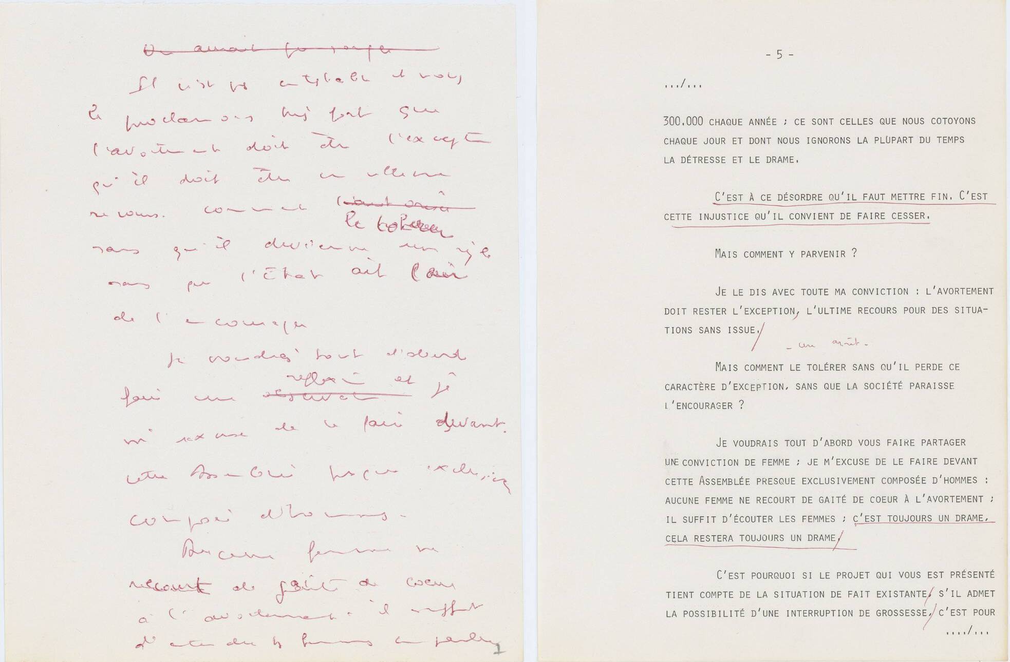 Brouillon manuscrit et version dactylographiée du discours prononcé par Simone Veil à l'Assemblée nationale le 26 novembre 1974. Archives nationales.