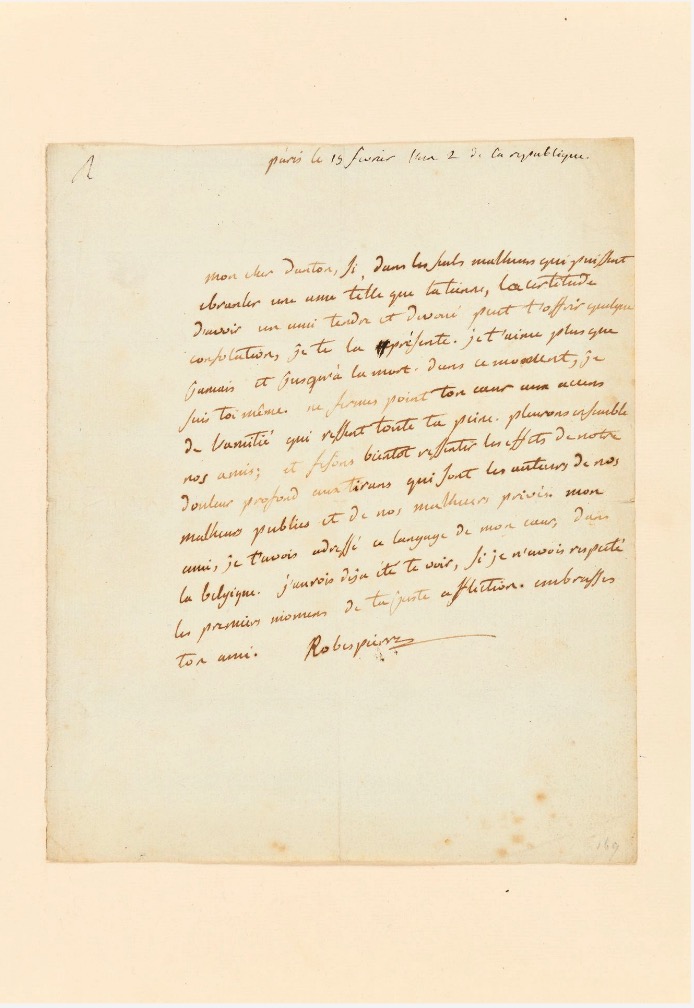 Lettre autographe signée « Robespierre » à Danton. Paris, 15 février 1793 - Ventes aux enchères Osenat