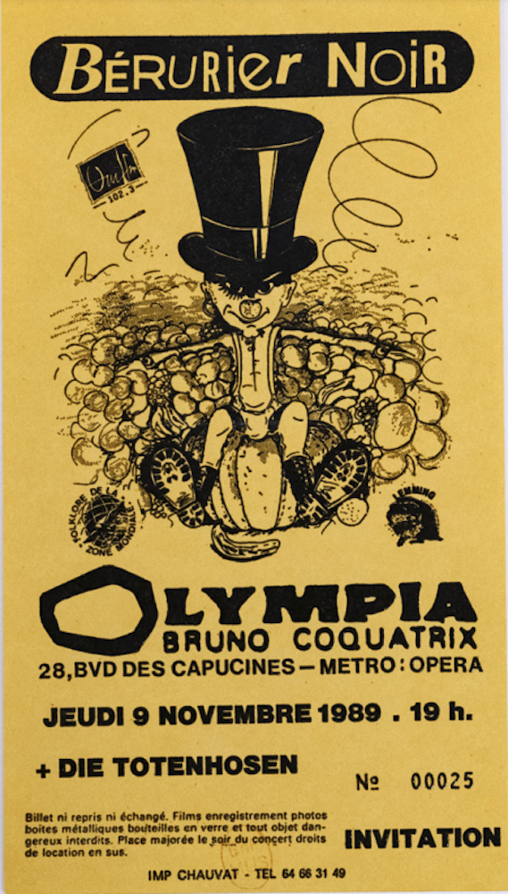 Ticket d’un des trois concerts d’adieu du groupe Bérurier Noir à l’Olympia en novembre 1989. Fonds / Collection Heuer, Tomas (a.k.a mastO) © Élie Ludwig / BnF