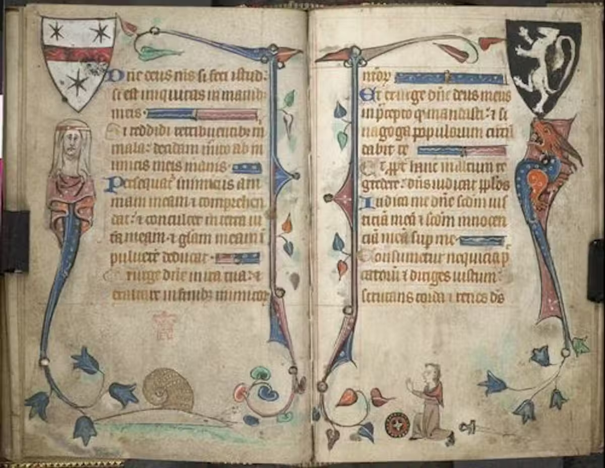 Un moine désarmé fait face à un escargot adversaire, Le livre des heures (vers 1320-1330). British Library.