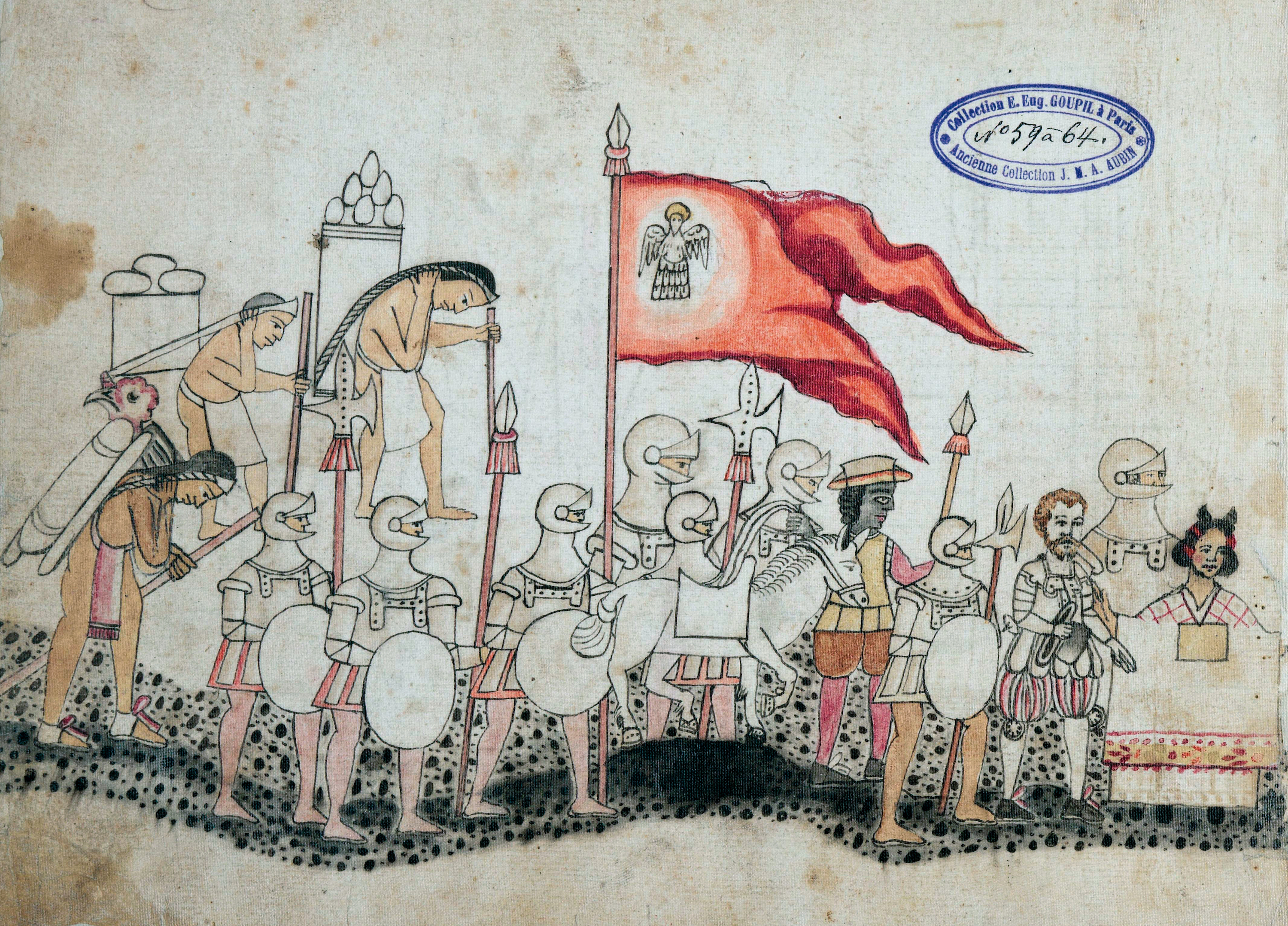 Représentation des Espagnols dans le Codex Azcatitlan. Domaine Public.