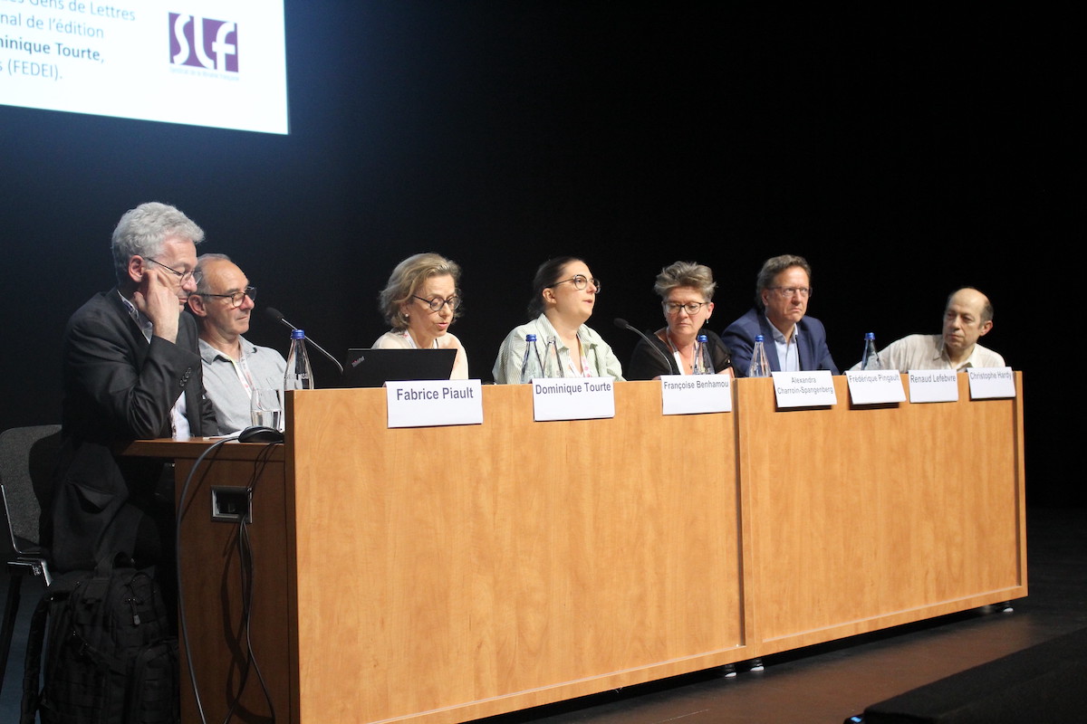 De gauche à droite : Fabrice Piault, Dominique Tourte, Françoise Benhamou, Alexandra Charroin-Spangenberg, Frédérique Pingault, Renaud Lefebvre, Christophe Hardy, le 17 juin 2024 à Strasbourg